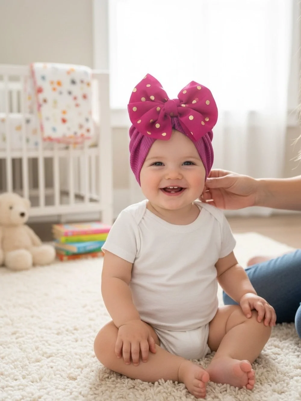 Magenta Pink Ribbed Baby Turban Gold Polka Dot Bow Headband